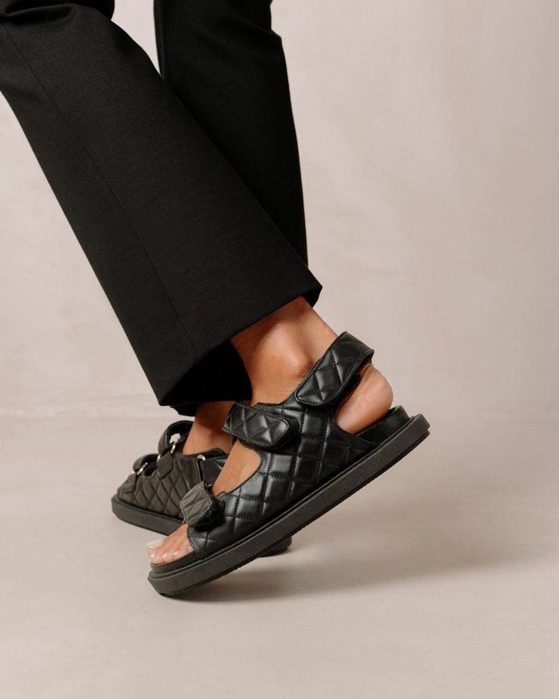 Black Alohas Hook-Loop Leather Women's Sandals | BHXAP2567