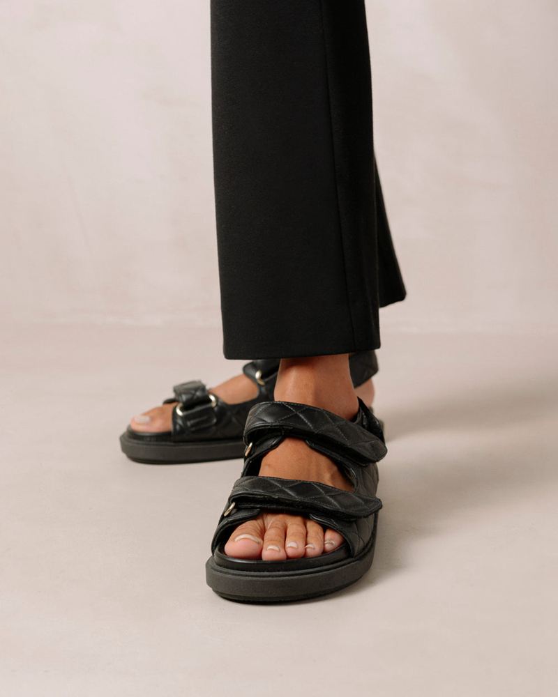 Black Alohas Hook-Loop Leather Women's Sandals | BHXAP2567