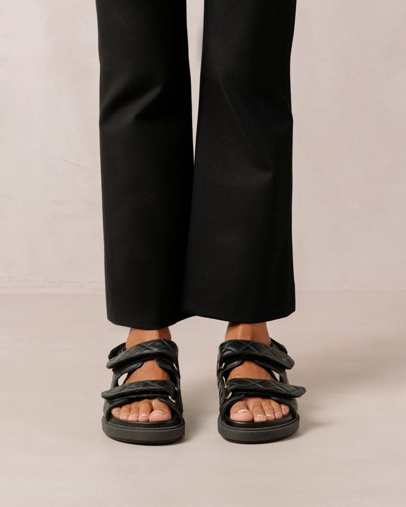 Black Alohas Hook-Loop Leather Women's Sandals | BHXAP2567