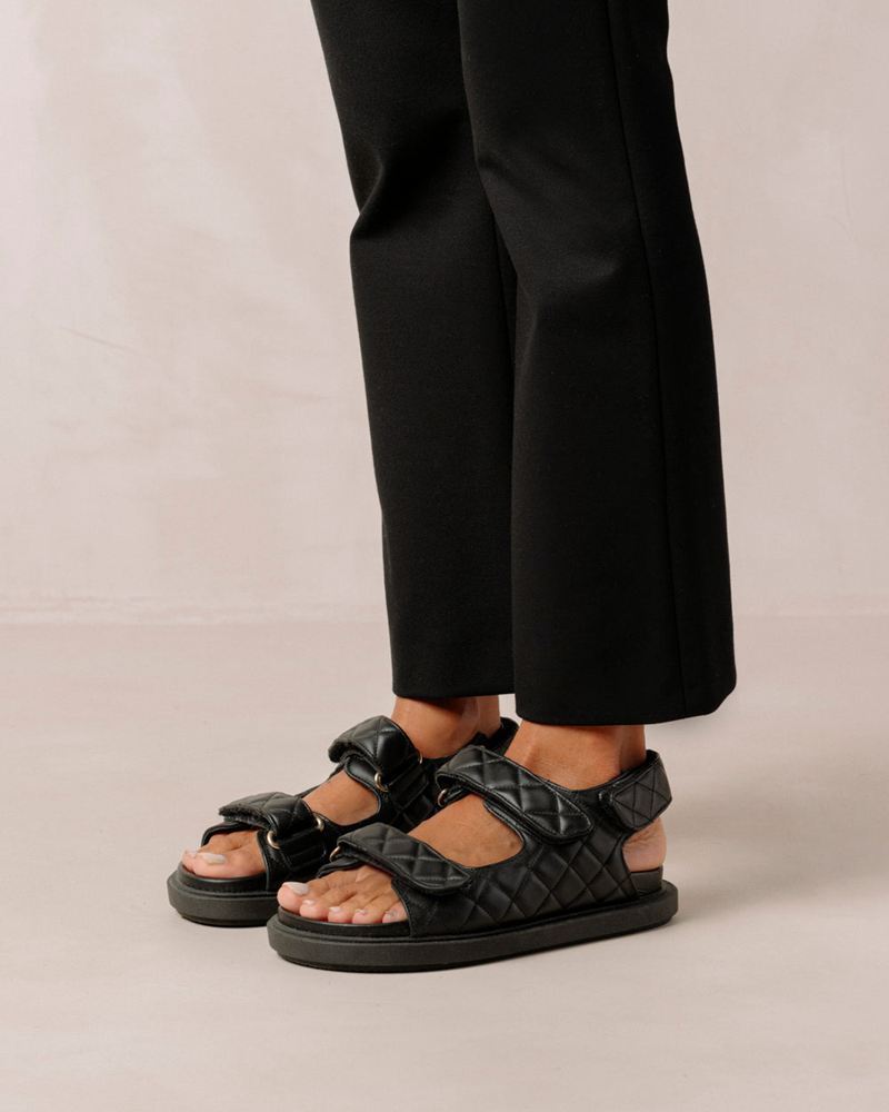 Black Alohas Hook-Loop Leather Women's Sandals | BHXAP2567