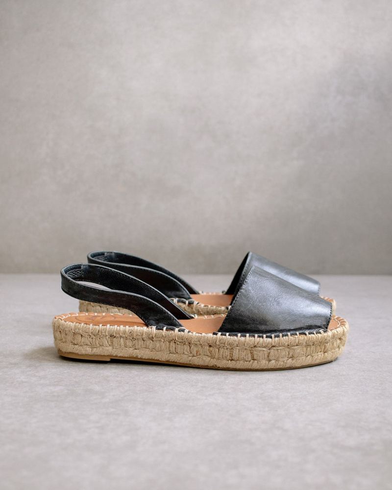 Black Alohas Ibizas Leather Women's Espadrilles | ICNBT0485