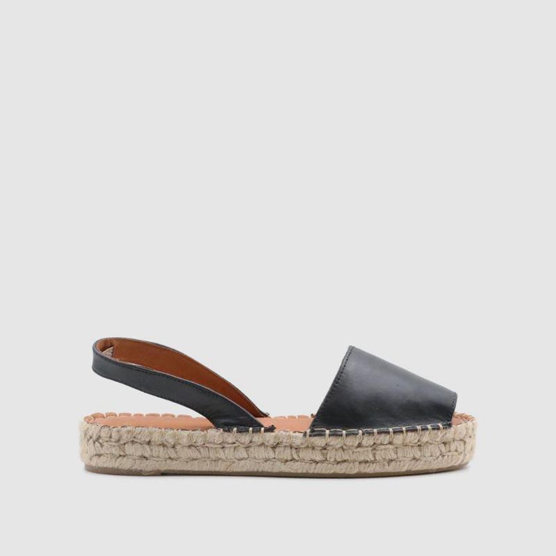 Black Alohas Ibizas Leather Women's Espadrilles | ICNBT0485