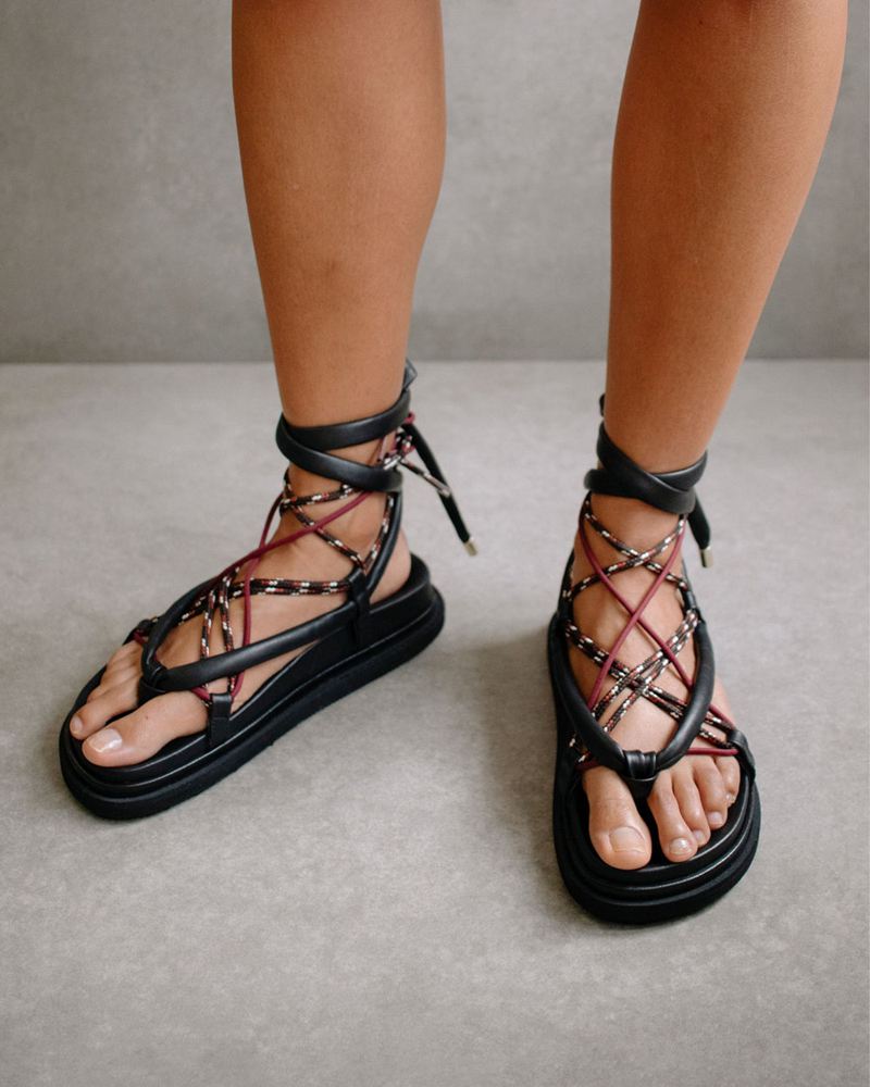 Black Alohas Jungle Leather Women's Sandals | CXWUM3692