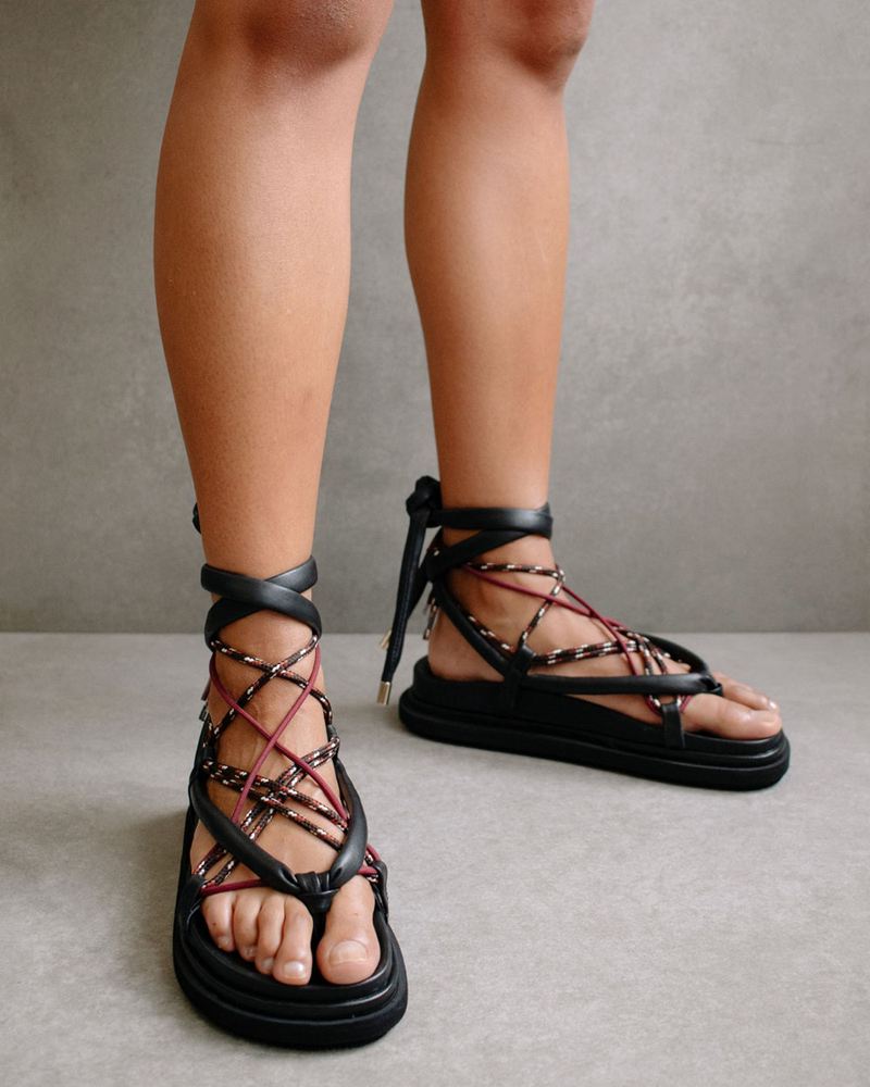 Black Alohas Jungle Leather Women's Sandals | CXWUM3692