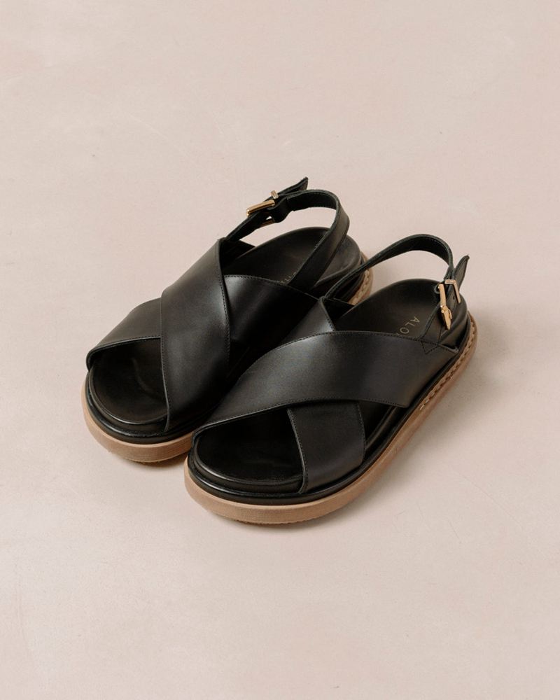 Black Alohas Marshmallow Leather Women's Sandals | FSKYG9150