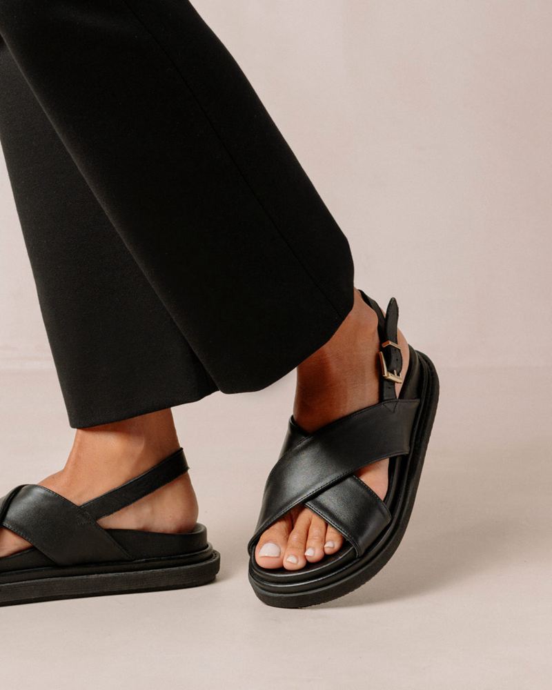 Black Alohas Marshmallow Leather Women's Sandals | IOLQY6043