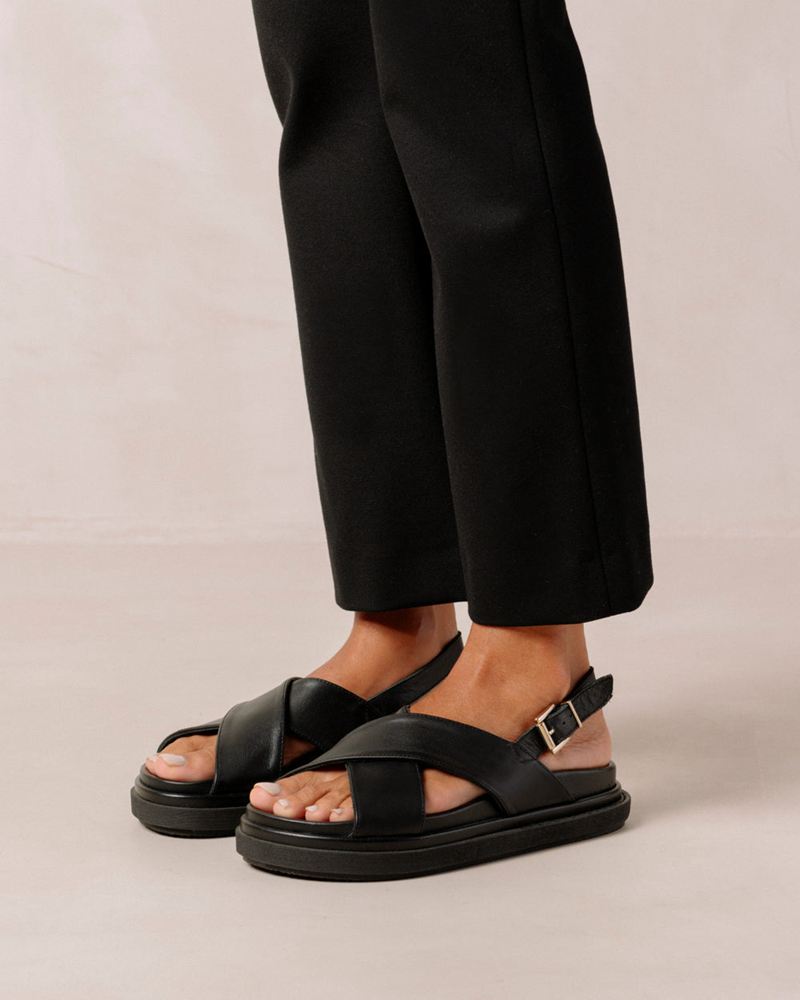 Black Alohas Marshmallow Leather Women's Sandals | IOLQY6043