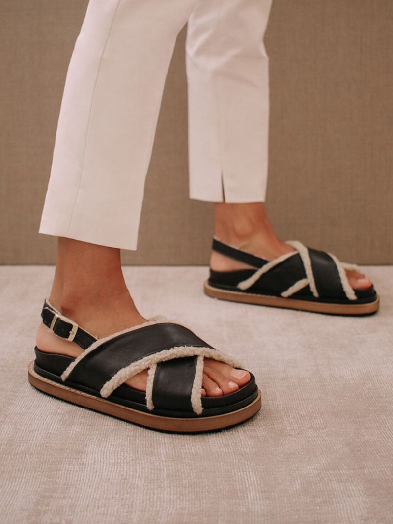 Black Alohas Marshmallow Leather Women's Sandals | JXMTO5617