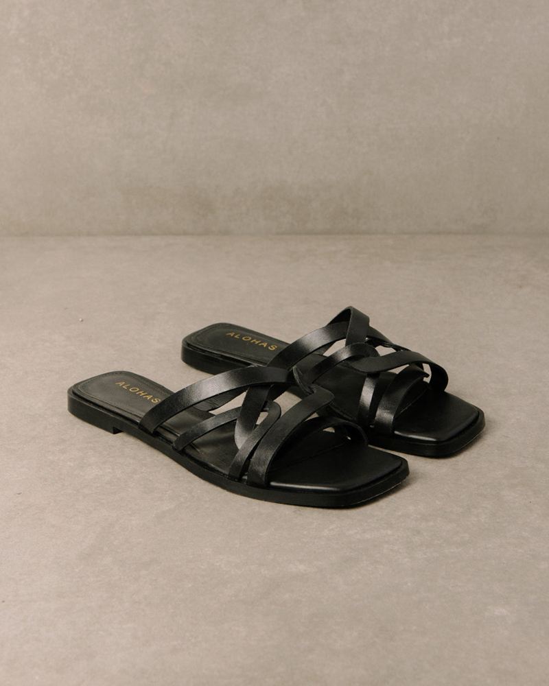 Black Alohas Pad Leather Women's Sandals | QFWLU4682