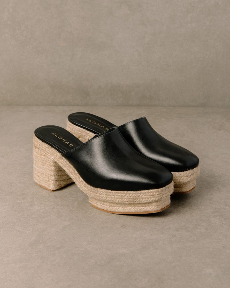 Black Alohas Pico Leather Women's Mules | BMFXS1739