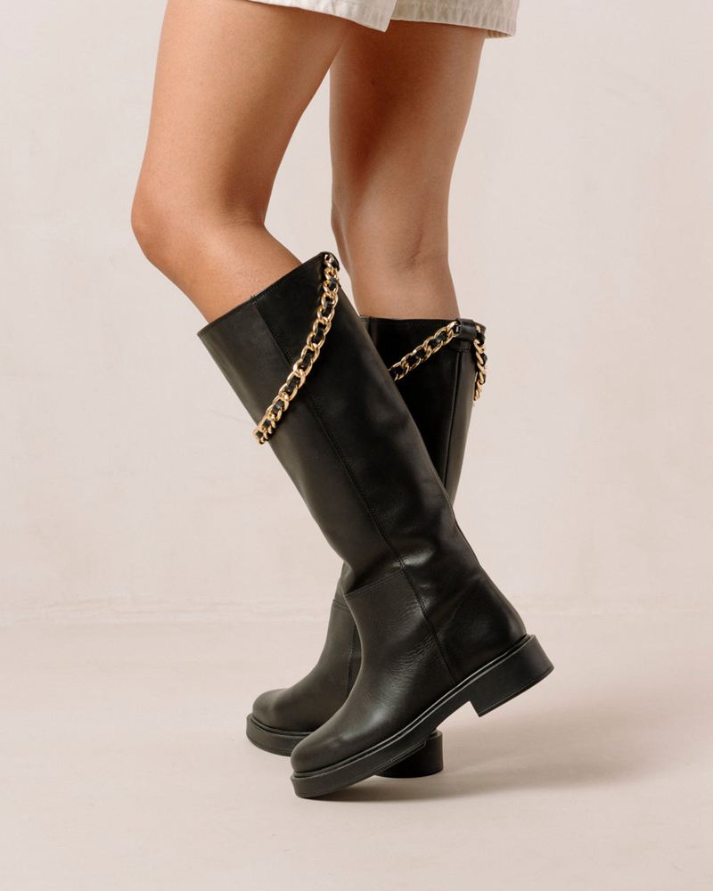 Black Alohas Pier Leather Women's Knee-High Boots | MVHLN8679