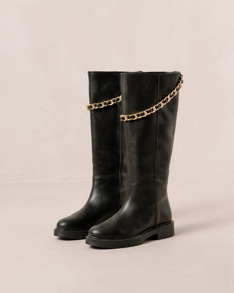 Black Alohas Pier Leather Women's Knee-High Boots | MVHLN8679