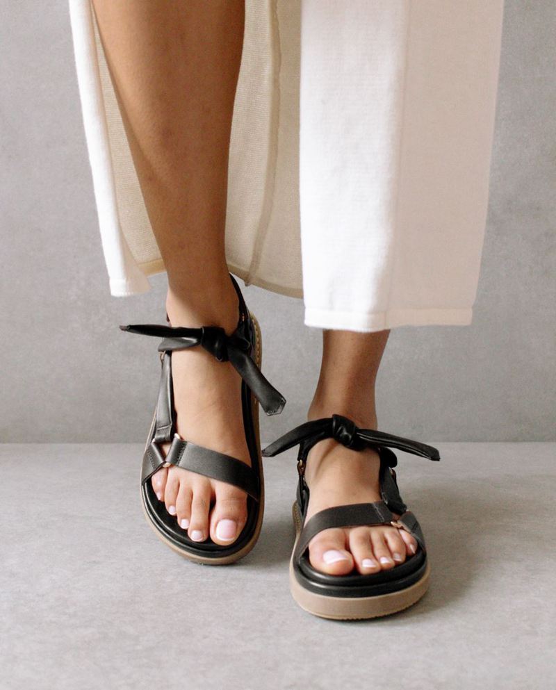 Black Alohas Tied Together Leather Women's Sandals | BXIOH8243