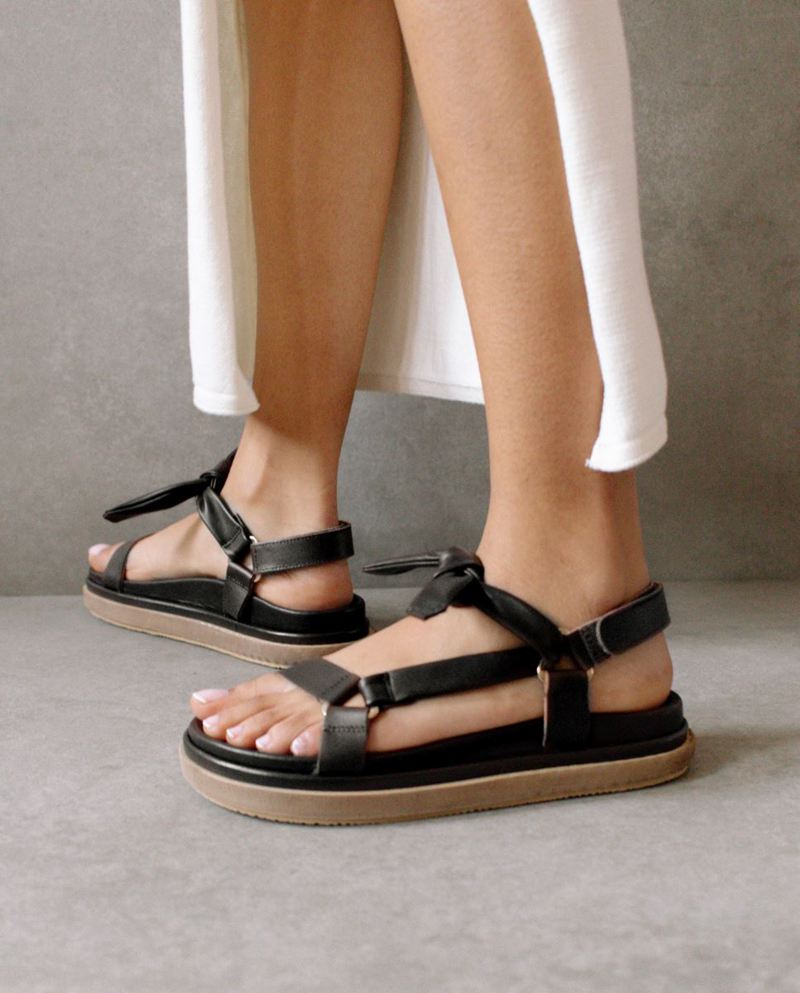 Black Alohas Tied Together Leather Women's Sandals | BXIOH8243