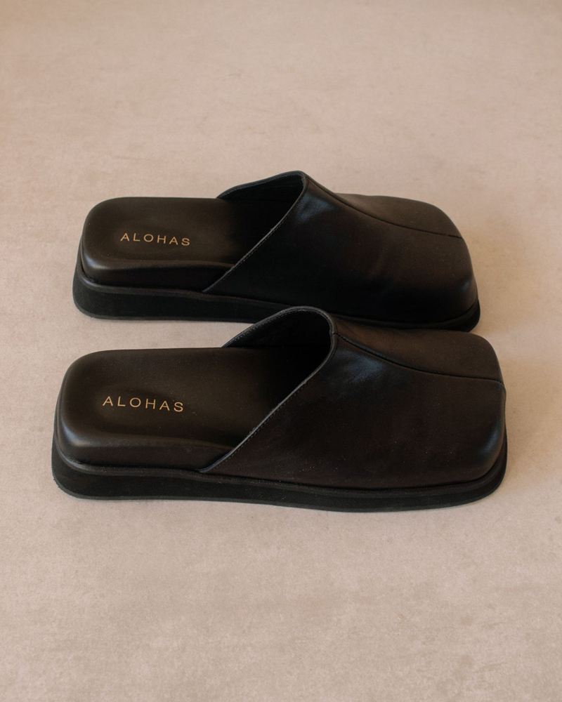 Black Alohas Whiz Leather Women's Mules | NGIDY7034