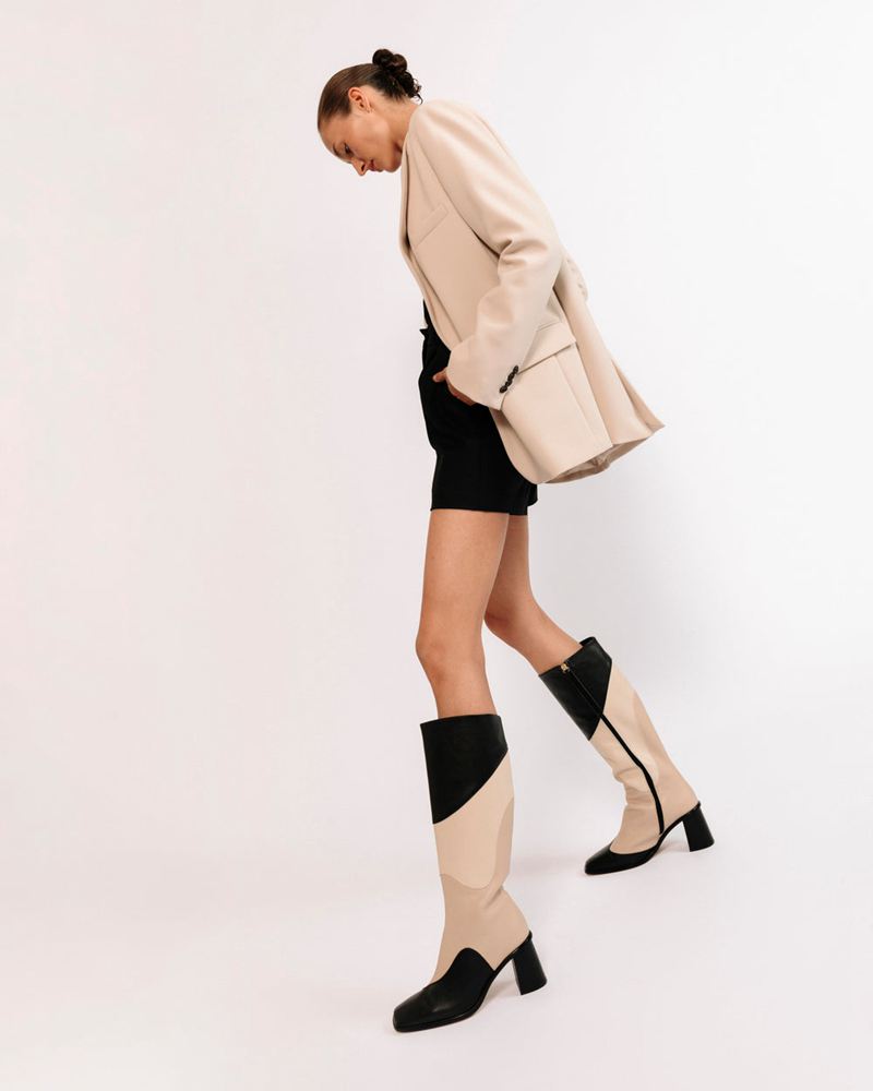 Black/Beige Alohas East Patchwork Kaleidoscope Leather Women's Knee-High Boots | OEMUA0345