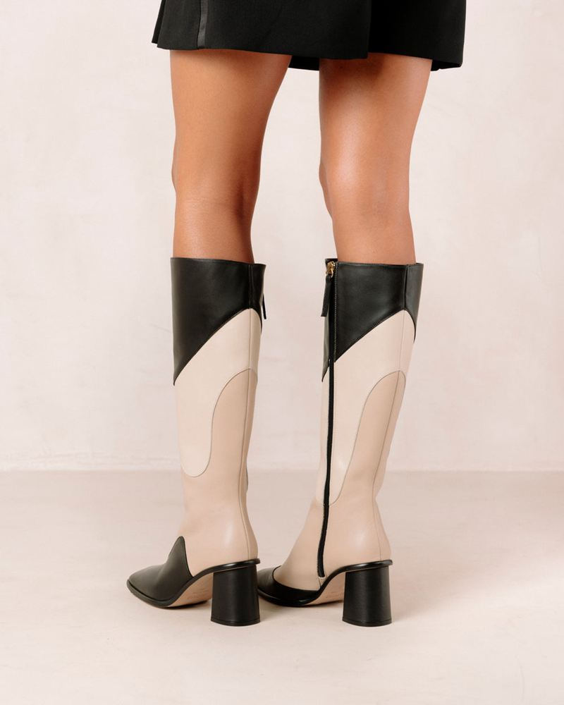 Black/Beige Alohas East Patchwork Kaleidoscope Leather Women's Knee-High Boots | OEMUA0345