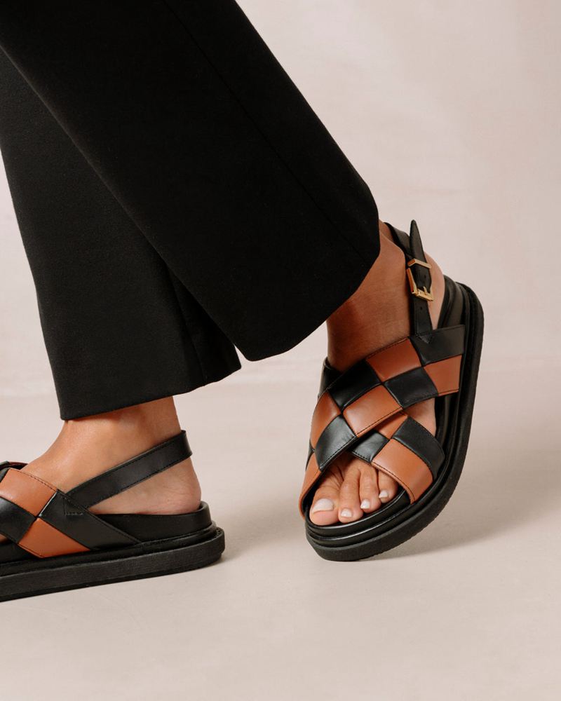 Black/Brown Alohas Marshmallow Scacchi Leather Women's Sandals | LOWPZ1672