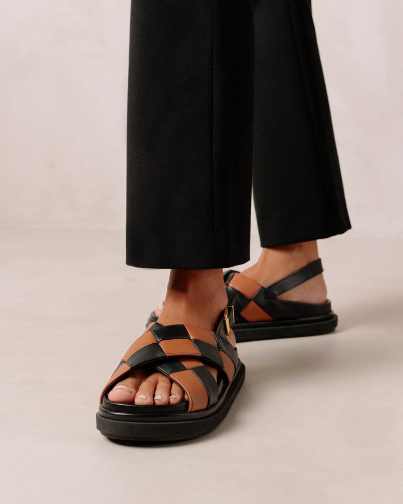 Black/Brown Alohas Marshmallow Scacchi Leather Women's Sandals | LOWPZ1672