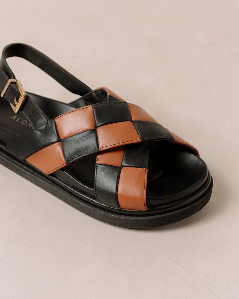 Black/Brown Alohas Marshmallow Scacchi Leather Women's Sandals | LOWPZ1672