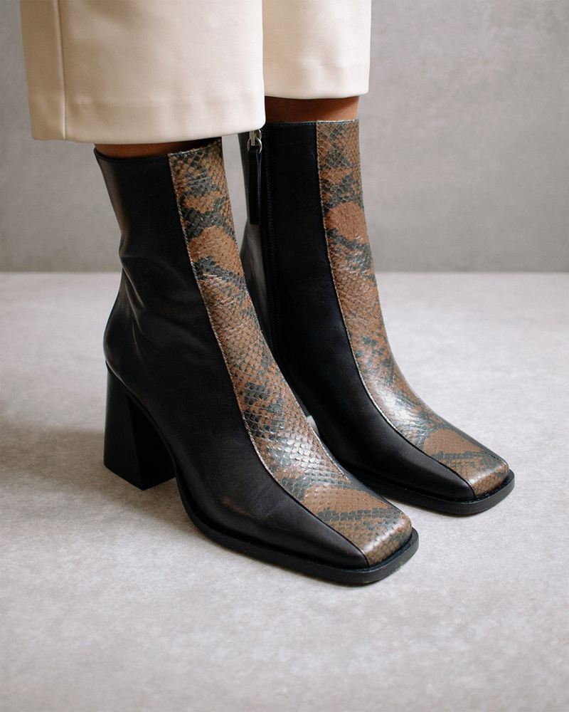 Black/Brown Alohas South Python Leather Women's Ankle Boots | OAGZY5823