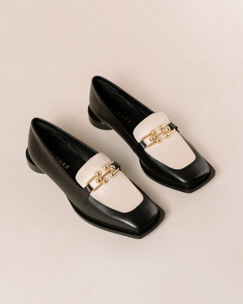 Black/Cream Alohas Spotlight Leather Women's Mules | TVSZW8143