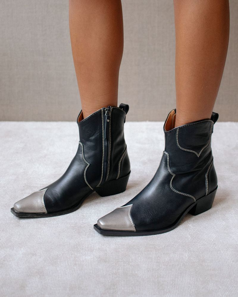 Black/Silver Alohas Buffalo Leather Women's Ankle Boots | SWPCL0634