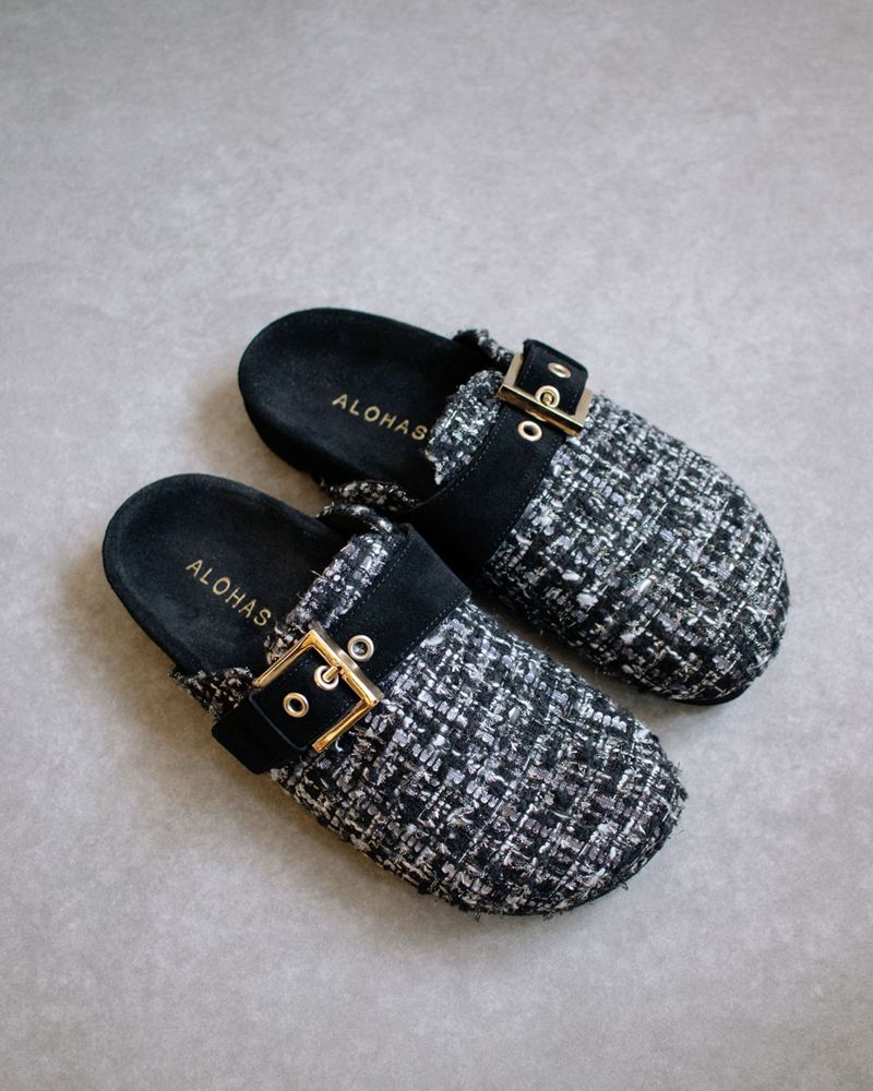 Black/White Alohas Cozy Women's Mules | ATNKO4620