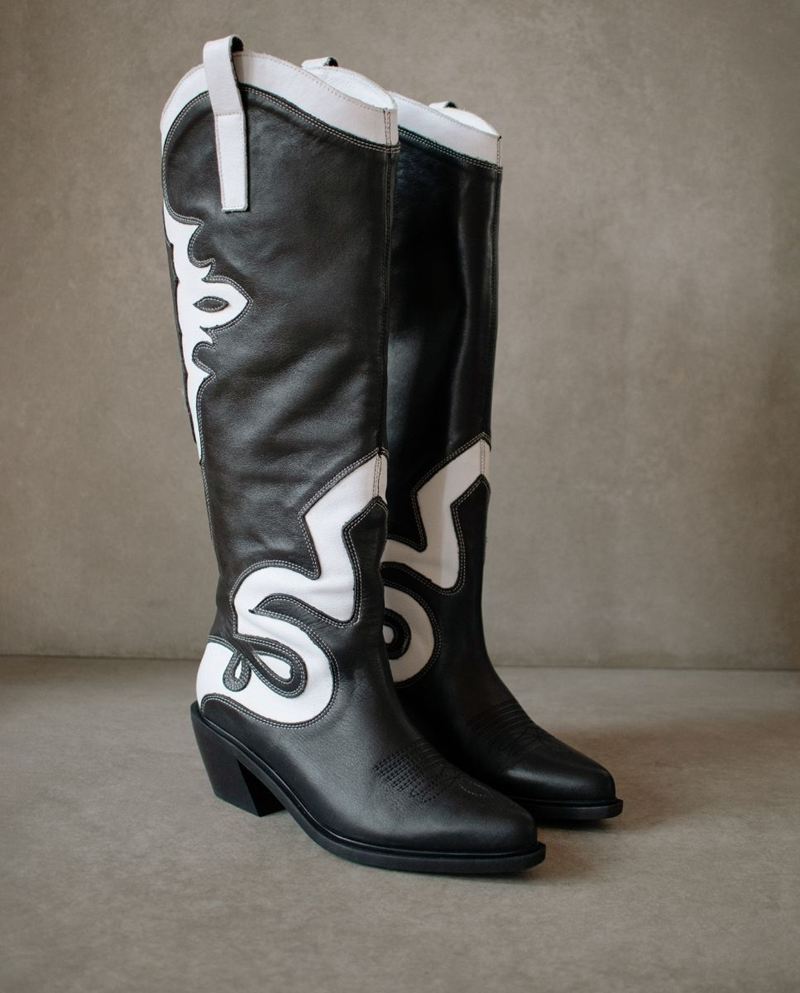 Black/White Alohas Mount Leather Women's Cowboy Boots | CTDSL3162