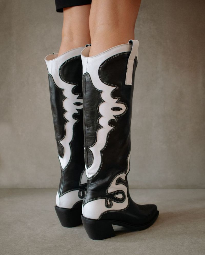 Black/White Alohas Mount Leather Women's Cowboy Boots | CTDSL3162