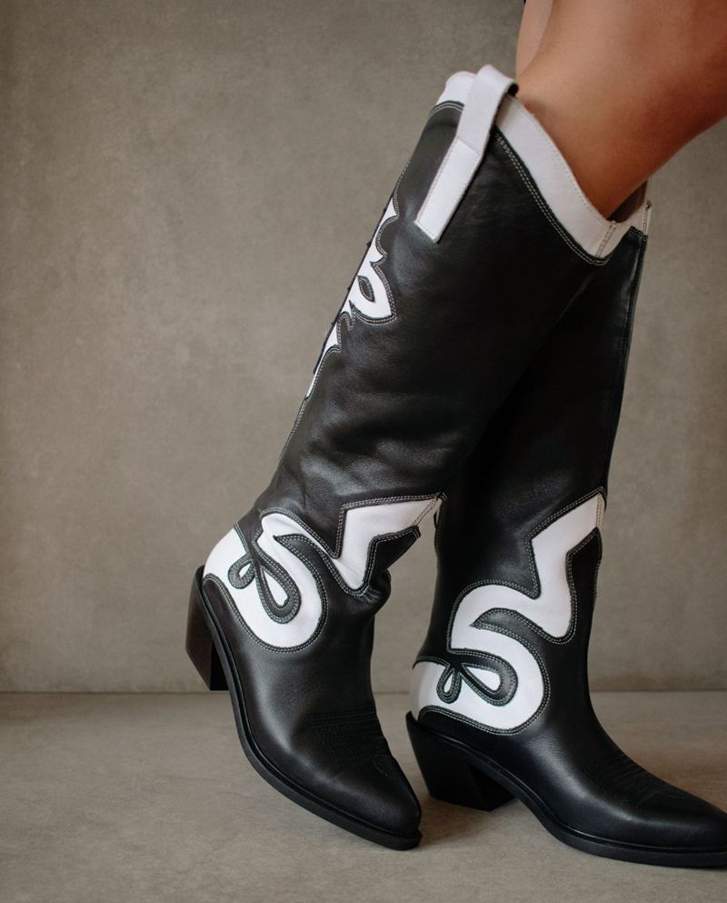 Black/White Alohas Mount Leather Women's Cowboy Boots | CTDSL3162