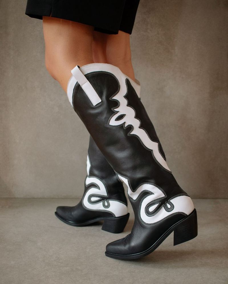 Black/White Alohas Mount Leather Women's Cowboy Boots | CTDSL3162