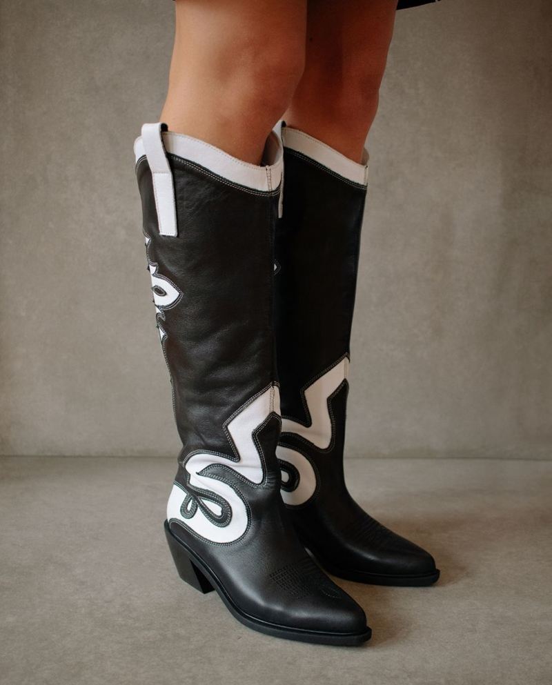 Black/White Alohas Mount Leather Women's Cowboy Boots | CTDSL3162