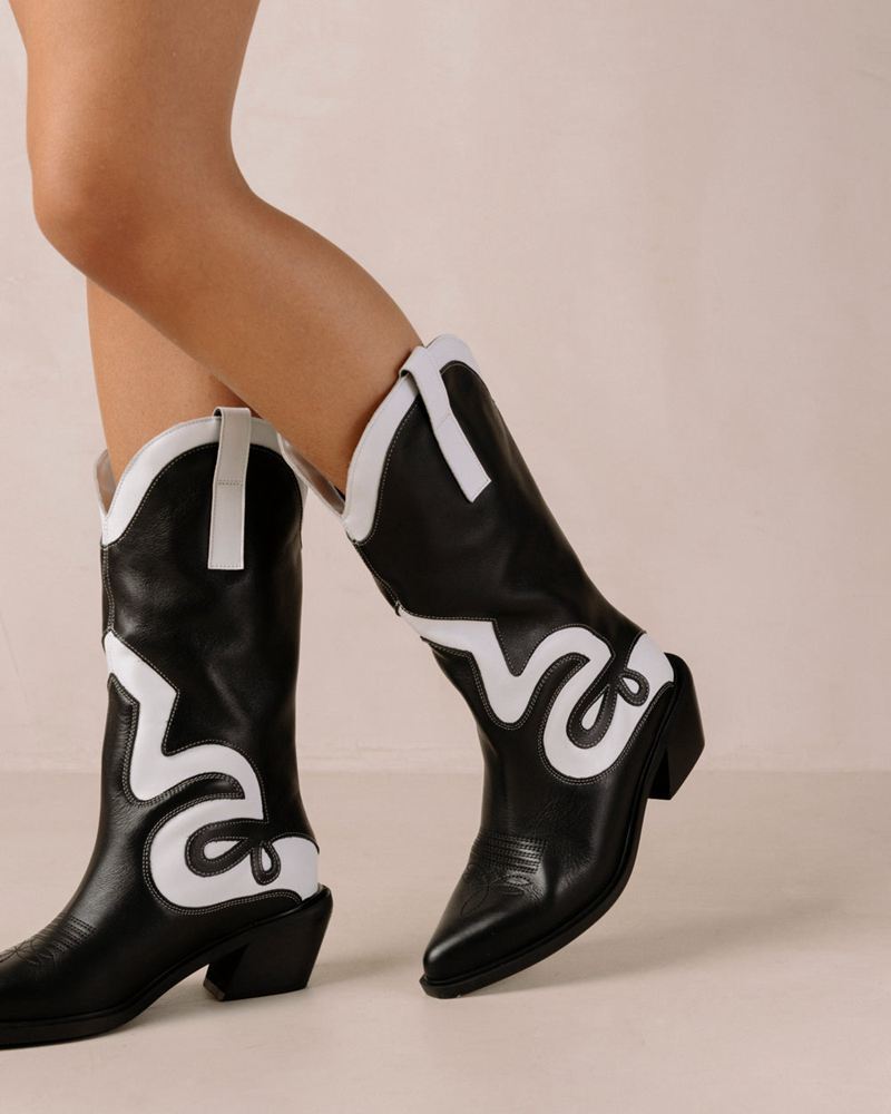 Black/White Alohas Mount Leather Women's Cowboy Boots | VGHQZ1790