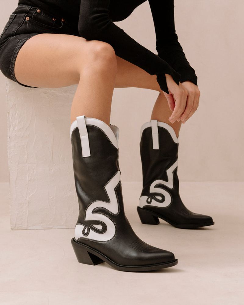 Black/White Alohas Mount Leather Women's Cowboy Boots | VGHQZ1790