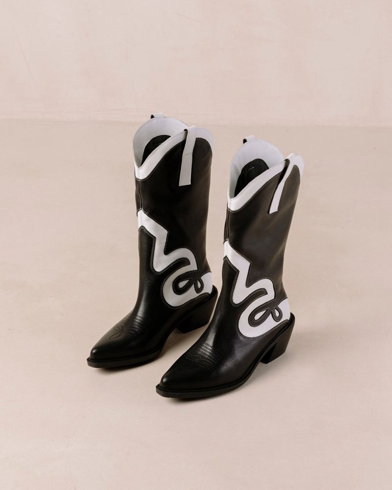 Black/White Alohas Mount Leather Women's Cowboy Boots | VGHQZ1790