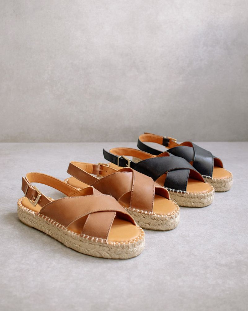 Brown Alohas Crossed Leather Women's Espadrilles | BHOPV4791