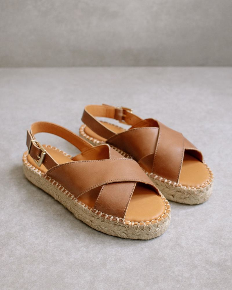 Brown Alohas Crossed Leather Women's Espadrilles | BHOPV4791