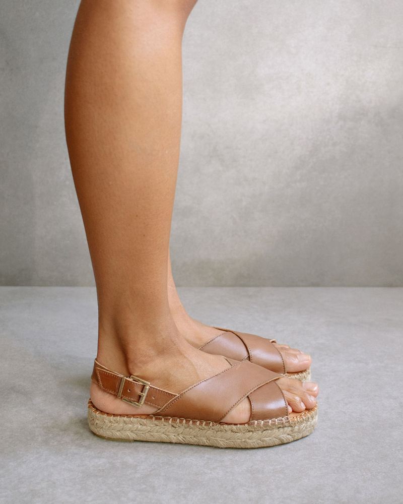 Brown Alohas Crossed Leather Women's Espadrilles | BHOPV4791