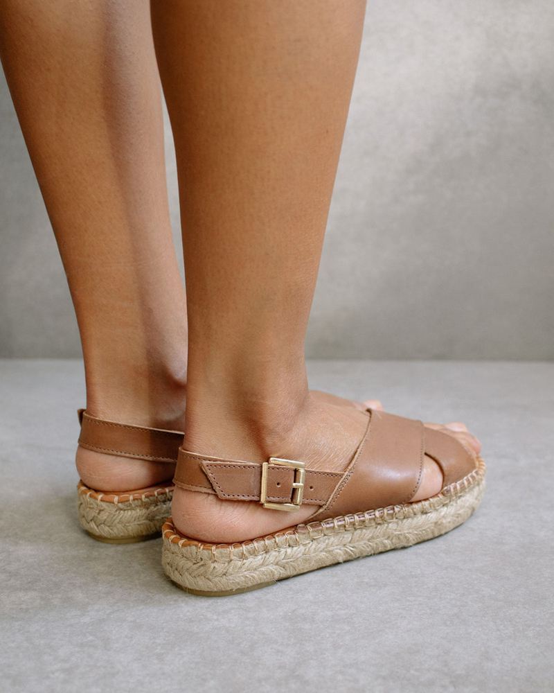 Brown Alohas Crossed Leather Women's Espadrilles | BHOPV4791