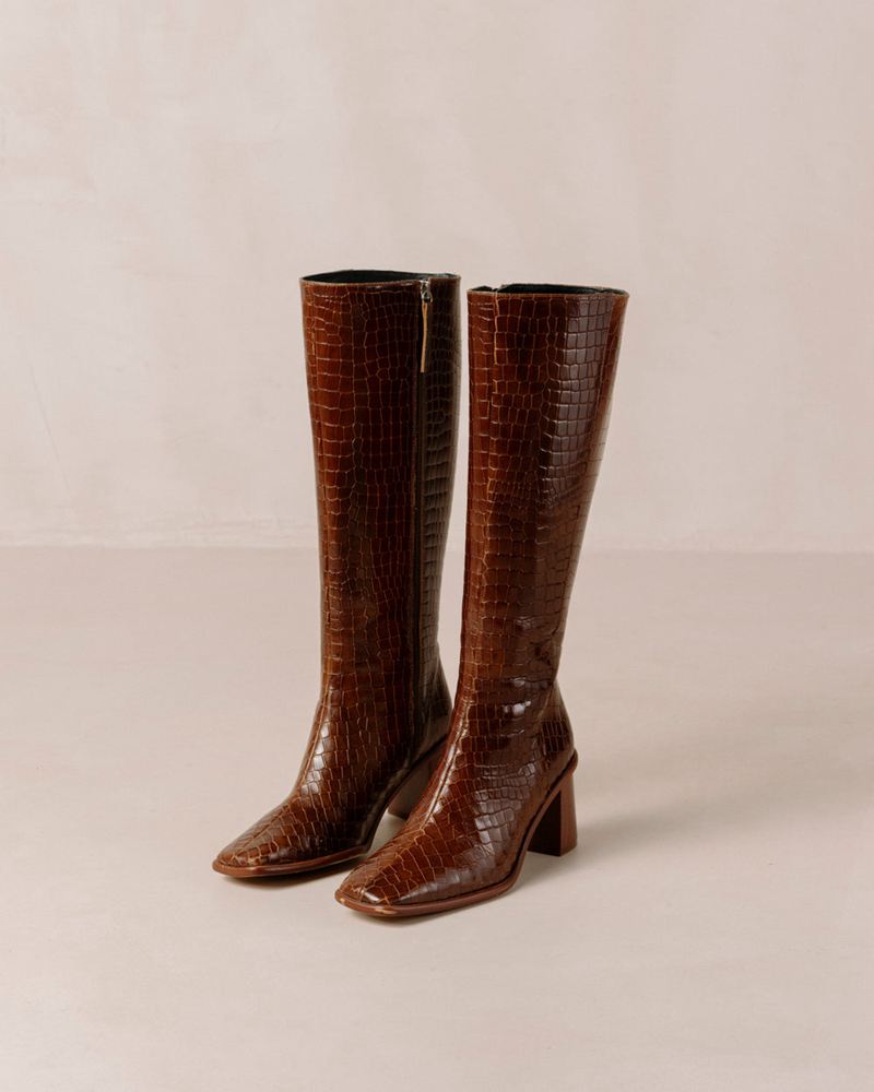 Brown Alohas East Croco Leather Women's Knee-High Boots | FESLA3126