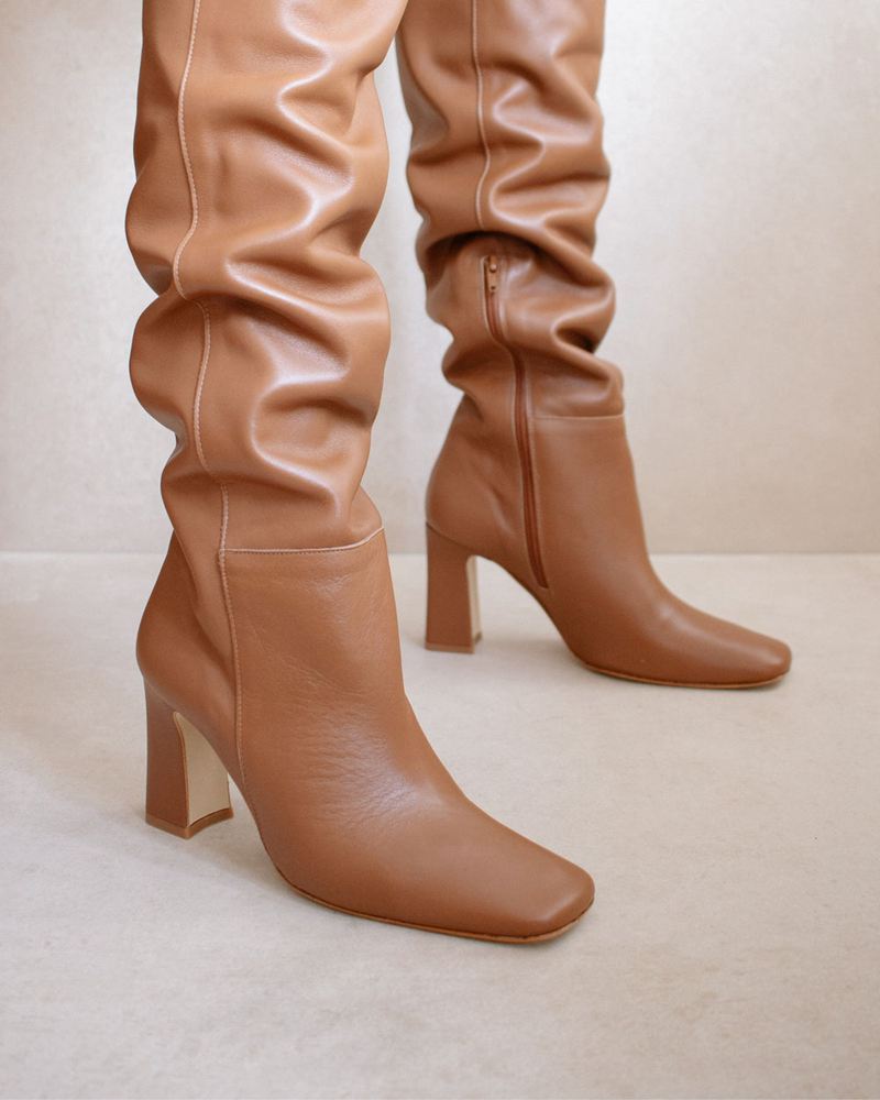 Brown Alohas Hit Me Up Leather Women's Knee-High Boots | JOFDT0357