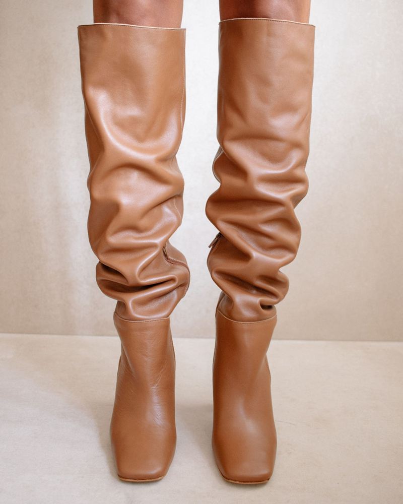 Brown Alohas Hit Me Up Leather Women's Knee-High Boots | JOFDT0357