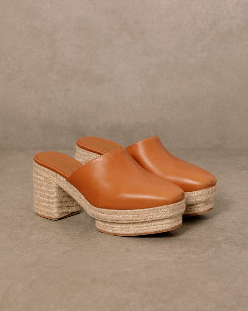 Brown Alohas Pico Leather Women's Mules | ZQTVN0187