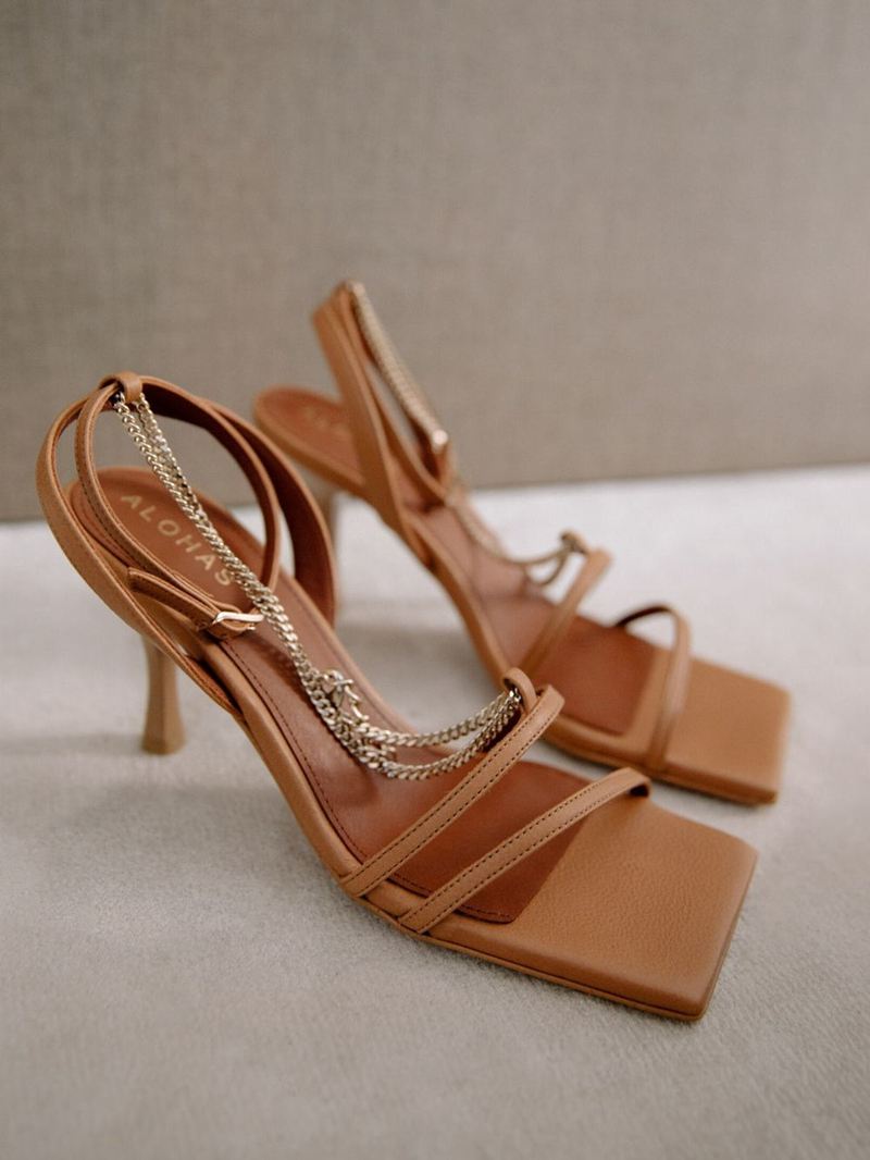 Brown Alohas Straps Chain Leather Women's Sandals | TNCDI6203