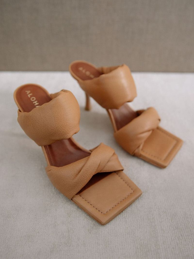 Brown Alohas Twist Strap Leather Women's Mules | RTYKD2860