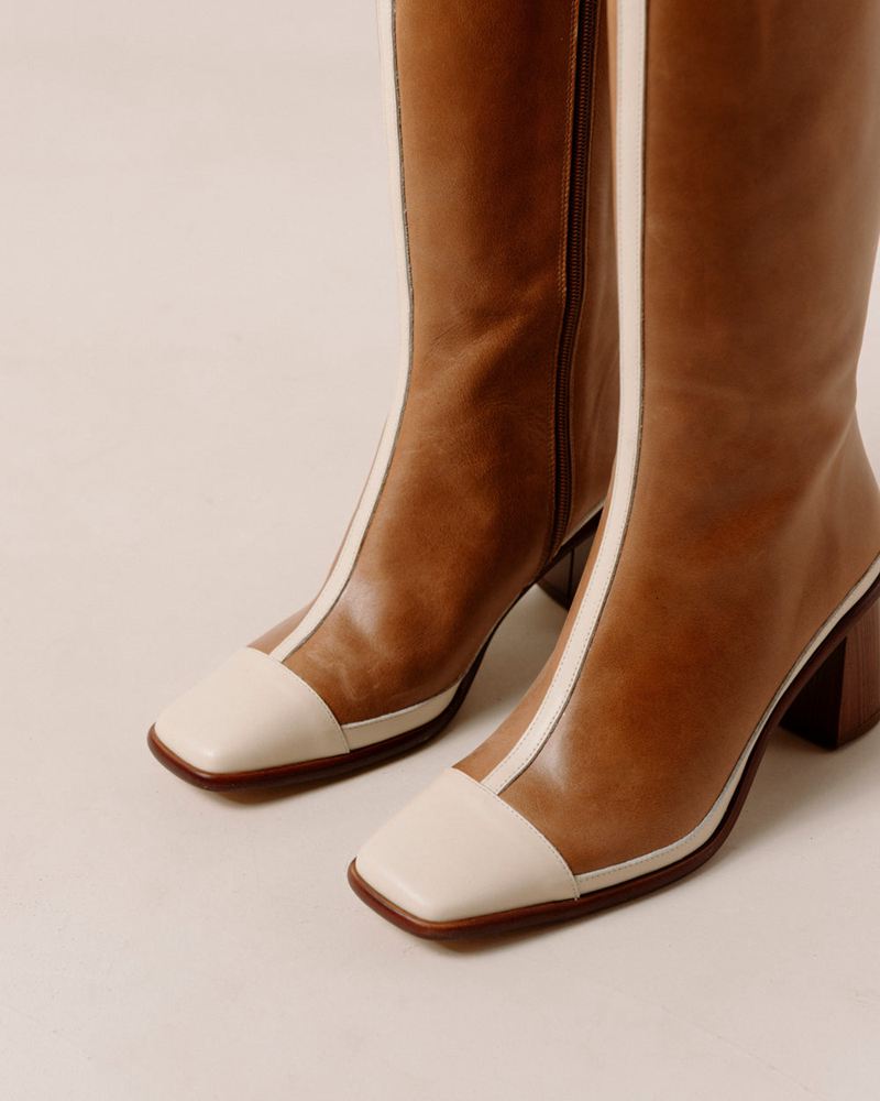 Brown/Cream Alohas East Retro Leather Women's Heels | NMCWF0362