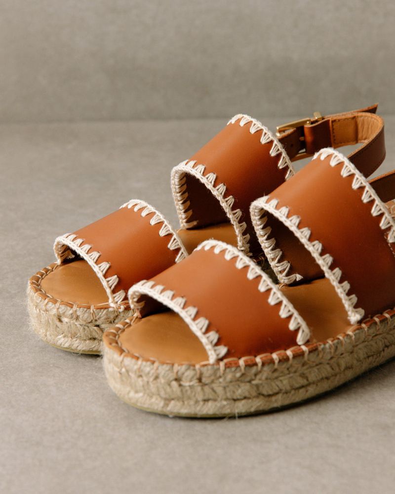 Brown/White Alohas Double Strap Leather Women's Espadrilles | GWXRV7259