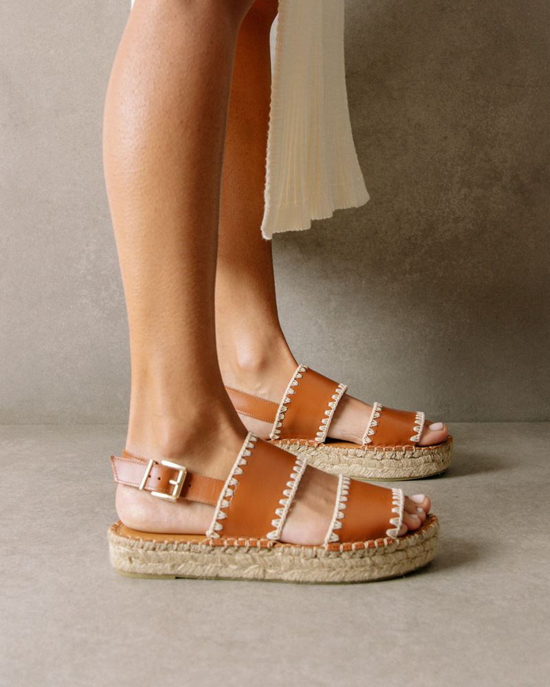 Brown/White Alohas Double Strap Leather Women's Espadrilles | GWXRV7259