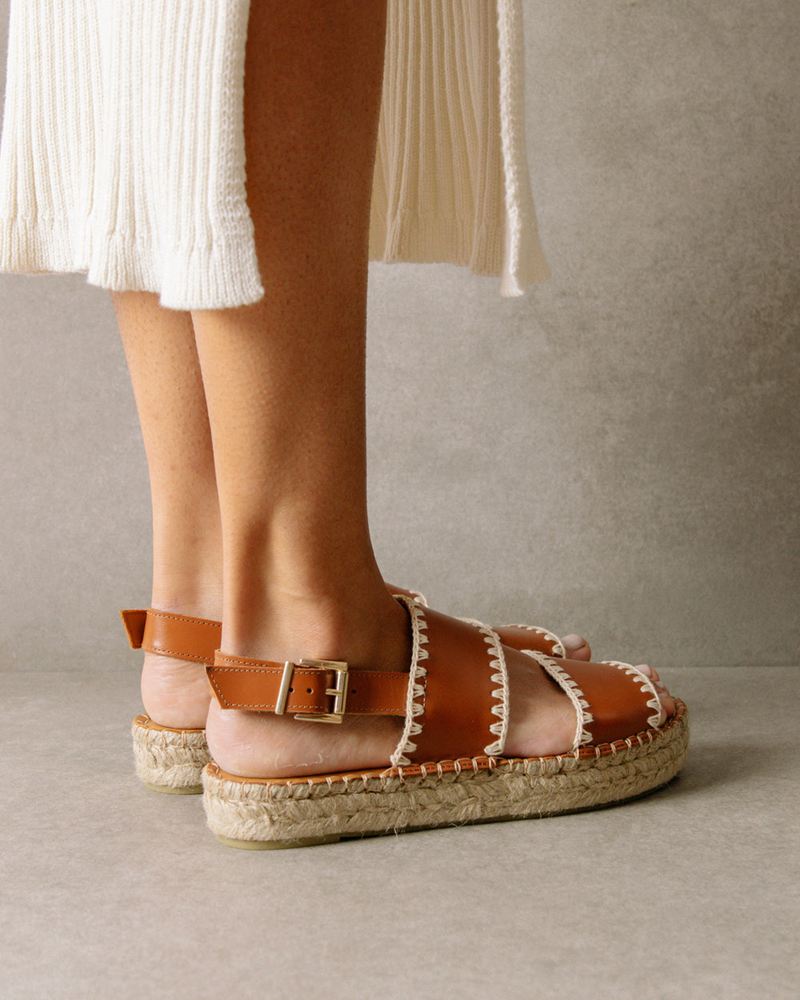 Brown/White Alohas Double Strap Leather Women's Espadrilles | GWXRV7259